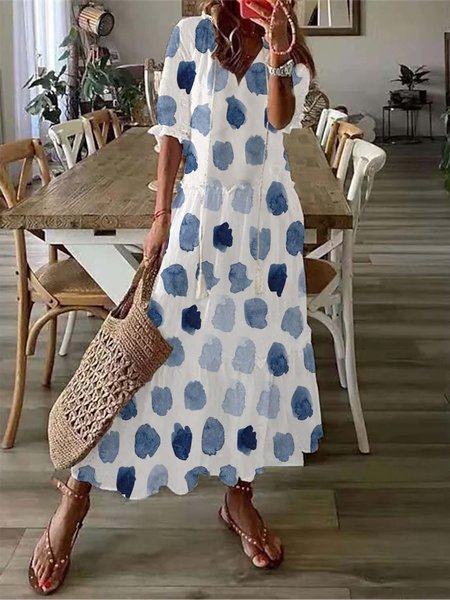 Boho Abstract Polka Dots V Neck Dress, Blue, Dresses