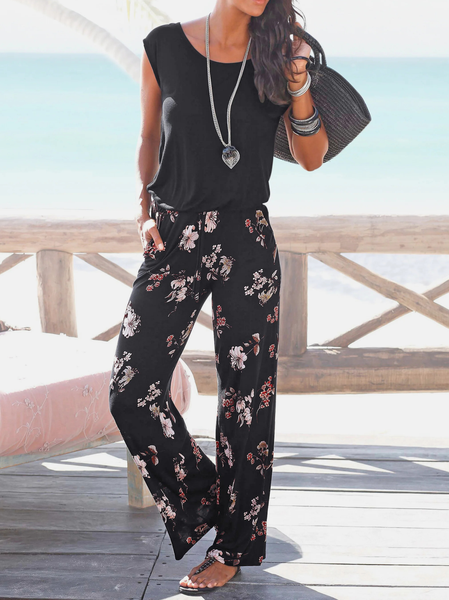 Casual Loose Crew Neck Floral Two-Piece Set, Black, Tops