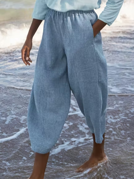 Loose Casual Plain Cotton-Blend Pants, Blue, Pants