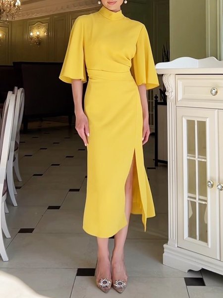 Elegant Stand Collar Regular Fit Plain Dress, Yellow, Midi Dresses
