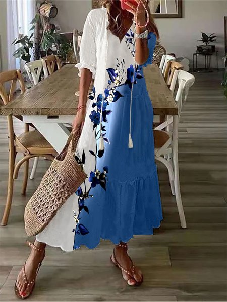 V Neck Half Sleeve Floral Print Summer Boho Loose Tiered Dress, Blue, Dresses
V Neck Half Sleeve Floral Print Summer Boho Loose Tiered Dress, Blue, Dresses