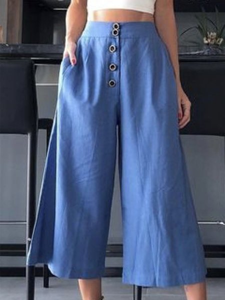 Buttoned Casual Plain Loose Wide Leg Pants, Blue, Pants