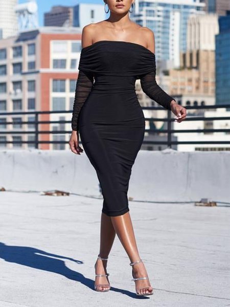 Cold Shoulder Elegant Long sleeve Micro-Elasticity Dress, Black, Midi Dresses