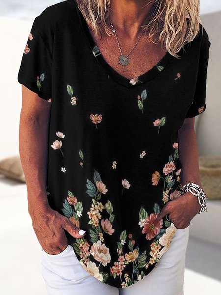 Women's Art Floral Print V Neck Casual Loose T-Shirt, As picture, T-shirts