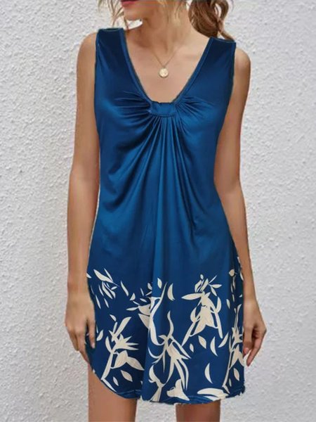 Ruched Elegant V Neck Loose Dress, Blue, Dresses