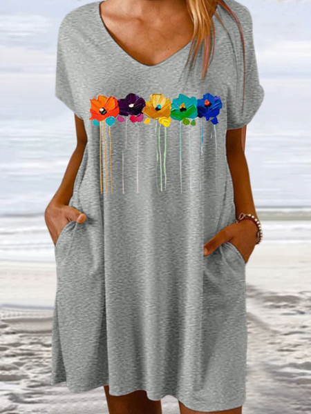 Women's V Neck Casual Floral Loose Dress, Gray, Dresses