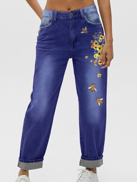 Women‘s Bee Daisy Denim Casual Loose Jeans, Blue, Jeans