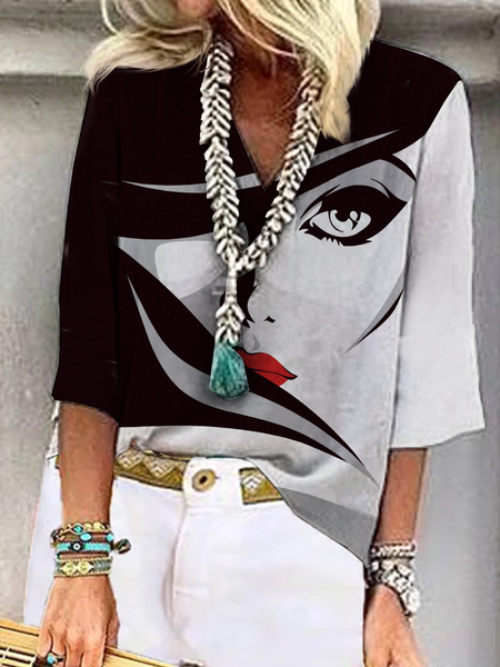 Abstract Loose Casual V Neck Shirt, Multicolor, Shirts & Blouses