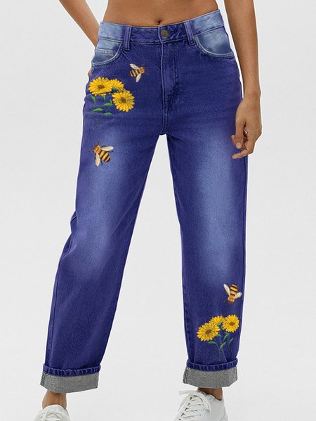 Women‘s Bee Daisy Denim Casual Loose Jeans, Blue, Jeans