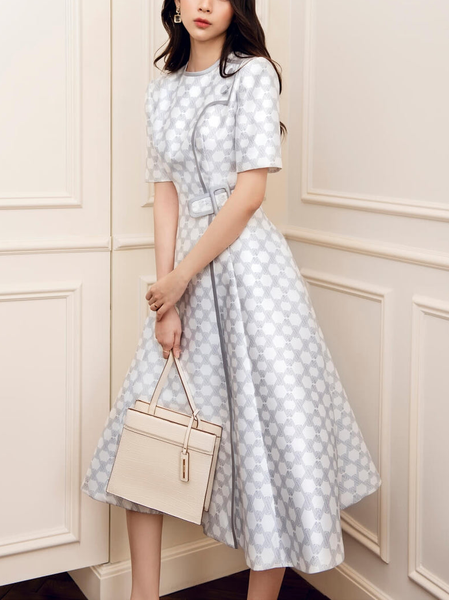 Geometric Regular Fit Elegant Satin Dress, White, Midi Dresses