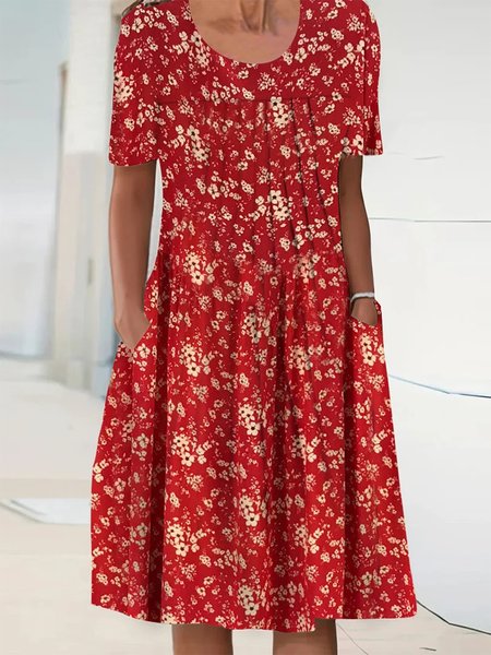Floral Loose Crew Neck Elegant Dress, Red, Dresses