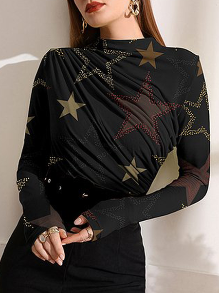 High Elasticity Regular Fit Urban Stand Collar Long sleeve T-Shirt, Black, Tees