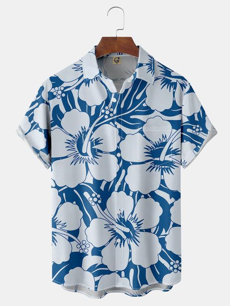 Floral Chest Pocket Short Sleeve Hawaiian Shirt, Blue, Men Shirts