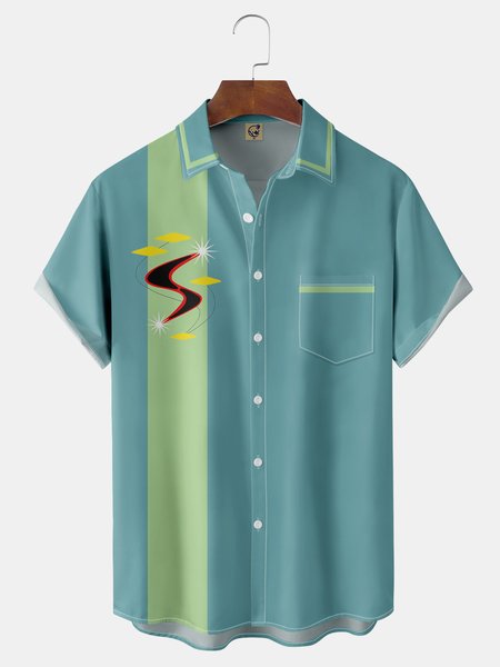 Mid Century Pattern Chest Pocket Short Sleeve Bowling Shirt, Green, Men Shirts