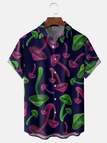 Hippie Mushroom Chest Pocket Short Sleeve Casual Shirt, Navyblue, Men Shirts