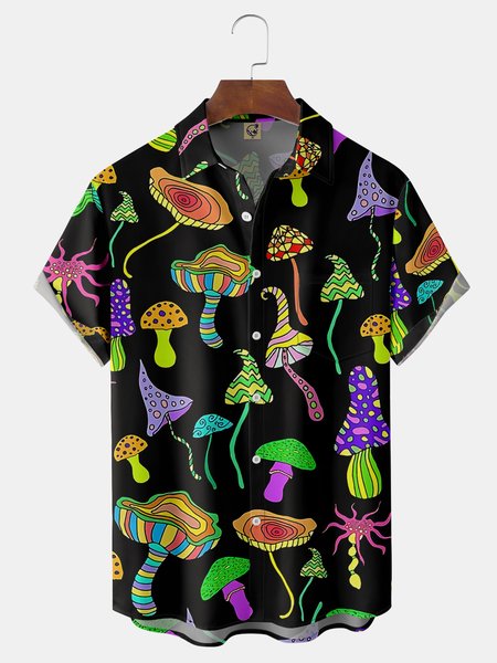 Hippie Mushroom Chest Pocket Short Sleeve Casual Shirt, Black, Men Shirts