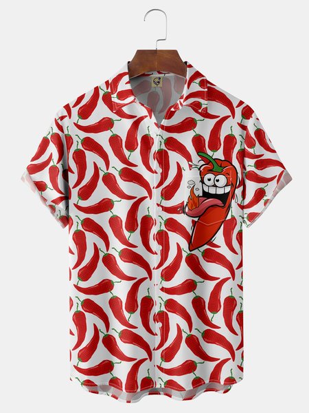 Cinco De Mayo Chili Pepper Chest Pocket Short Sleeve Shirt, Red, Men Shirts