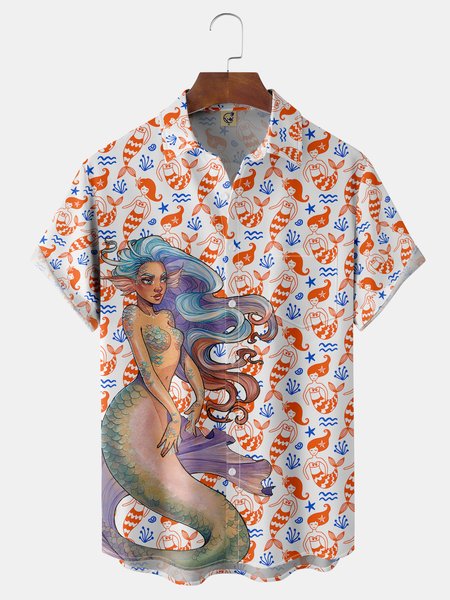 Mermaid Chest Pocket Short Sleeve Hawaiian Shirt, Red, Men Shirts