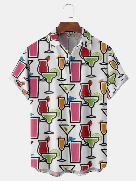 Cocktail Chest Pocket Short Sleeve Hawaiian Shirt, White, Men Shirts
