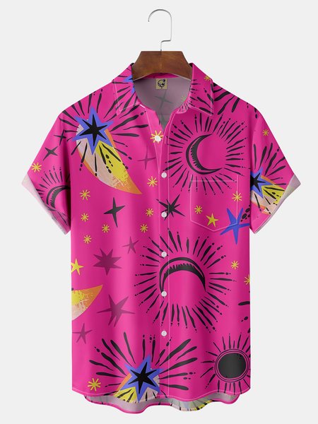 Geometric Chest Pocket Short Sleeve Casual Shirt, Red, Men Shirts