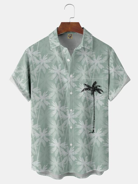 Coconut Tree Chest Pocket Short Sleeve Hawaiian Shirt, Green, Men Shirts