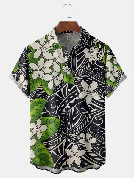 Maori Totem Chest Pocket Short Sleeve Hawaiian Shirt, Black, Men Shirts