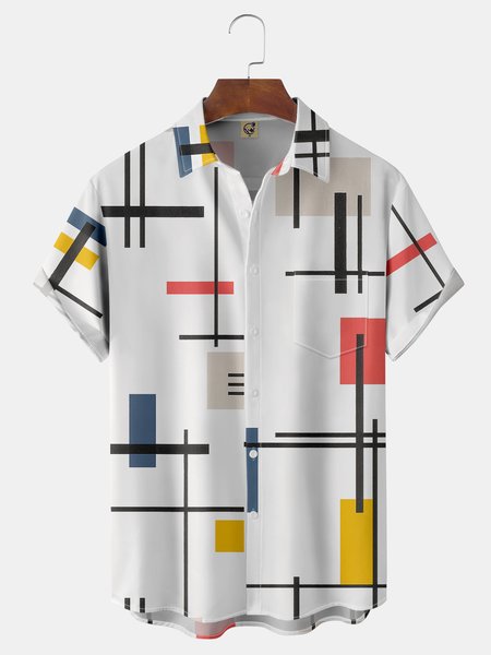Geometric Lines Chest Pocket Short Sleeve Casual Shirt, White, Men Shirts