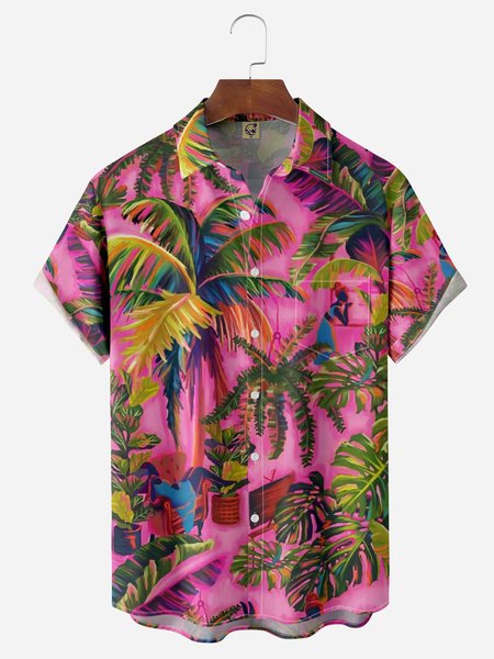 Coconut Tree Chest Pocket Short Sleeve Hawaiian Shirt, Pink, Men Shirts