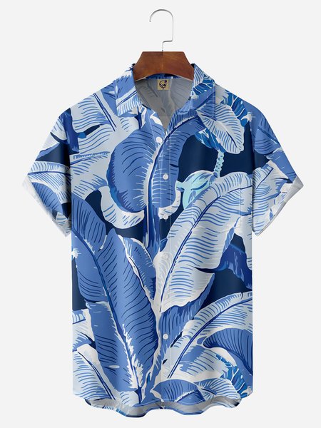 Palm Leaf Chest Pocket Short Sleeve Hawaiian Shirt, Blue, Men Shirts