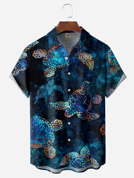 Sea Turtle Chest Pocket Short Sleeve Hawaiian Shirt, Blue, Men Shirts