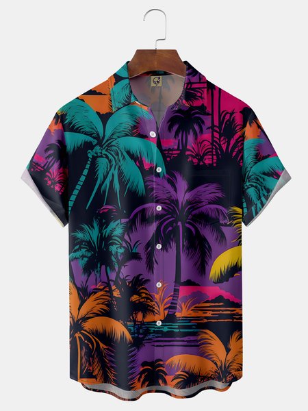 Coconut Tree Chest Pocket Short Sleeve Hawaiian Shirt, Purple, Men Shirts