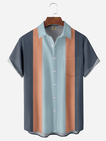 Color Block Chest Pocket Short Sleeve Bowling Shirt, Blue, Men Shirts