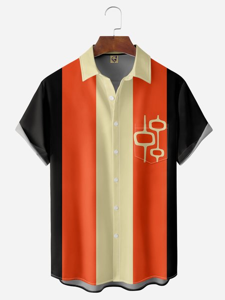 Geometric Chest Pocket Short Sleeves Casual Shirts, Black, Men Shirts