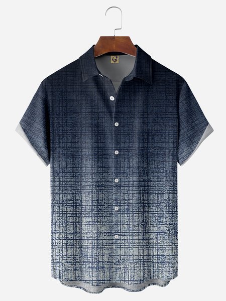 Gradient Texture Chest Pocket Short Sleeve Casual Shirt, Blue, Men Shirts