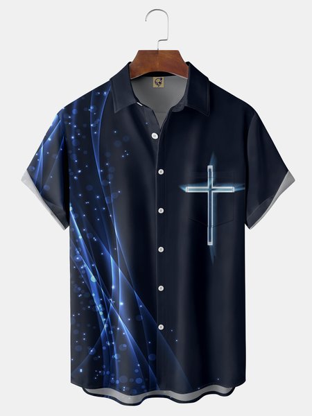 Crucifix Chest Pocket Short Sleeve Casual Shirt, Blue, Men Shirts