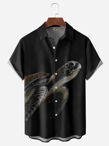 Sea Turtle Chest Pocket Short Sleeve Hawaiian Shirt, Black, Men Shirts