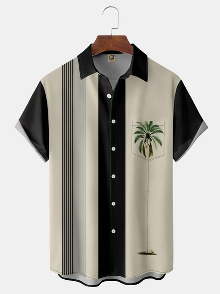 Coconut Tree Chest Pocket Short Sleeve Bowling Shirt, Black, Men Shirts