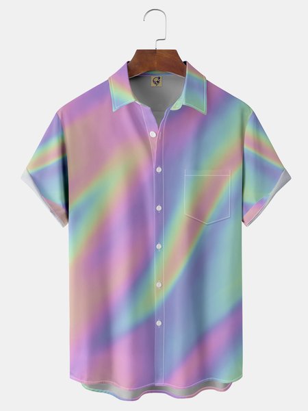 Gradient Color Chest Pocket Short Sleeve Casual Shirt, Purple, Men Shirts