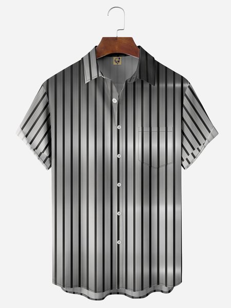 Striped Chest Pocket Short Sleeve Casual Shirt, Gray, Men Shirts