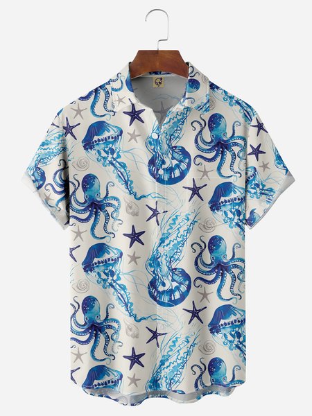Jellyfish Chest Pocket Short Sleeve Hawaiian Shirt, Blue, Men Shirts