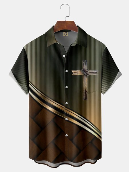 Easter Cross Chest Pocket Short Sleeve Casual Shirt, Black-coffee, Men Shirts