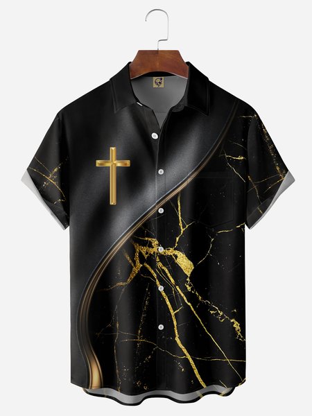 Easter Crucifix Chest Pocket Short Sleeve Casual Shirt, Black, Men Shirts