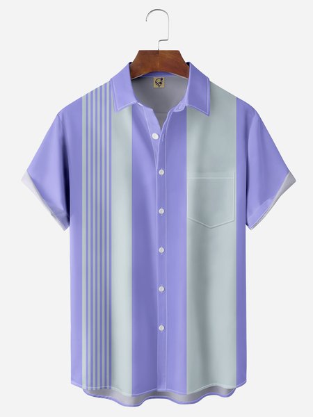 Geometric Stripe Chest Pocket Short Sleeve Casual Shirt, Purple, Men Shirts