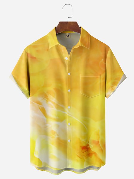 Gradient Color Chest Pocket Short Sleeve Casual Shirt, Yellow, Men Shirts