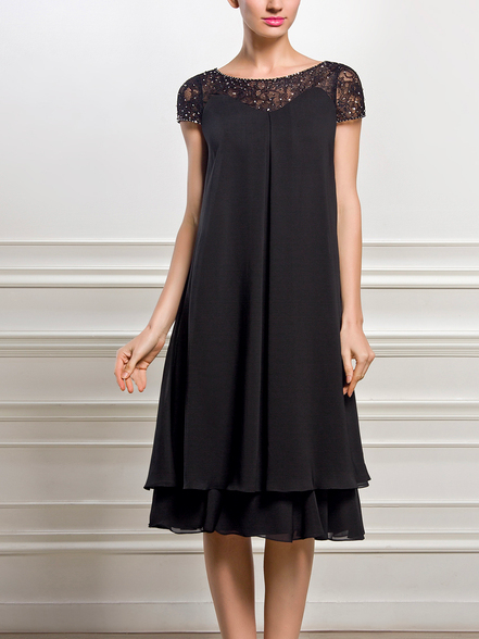 Crew Neck Loose Chiffon Urban Lace Dress, Black, Formal Dresses