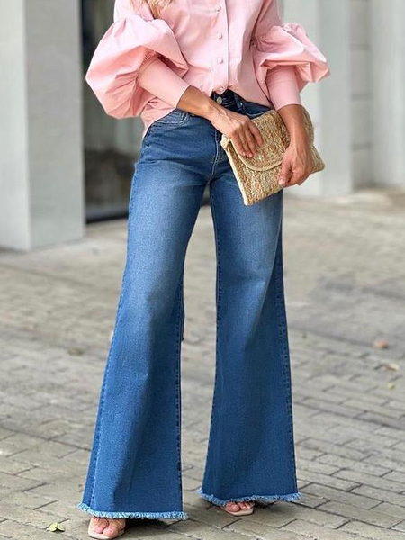 Loose Urban Plain Wide leg Long Jeans, Denim blue, DENIM