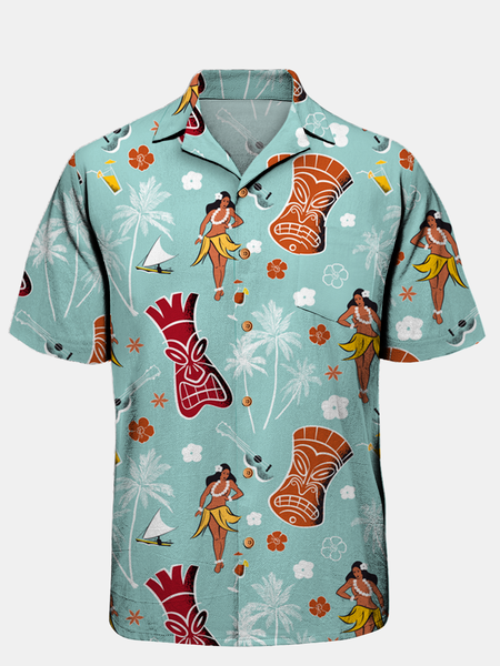 TIKI Coconut Tree Chest Pocket Short Sleeve Aloha Shirt, Green, Men Shirts