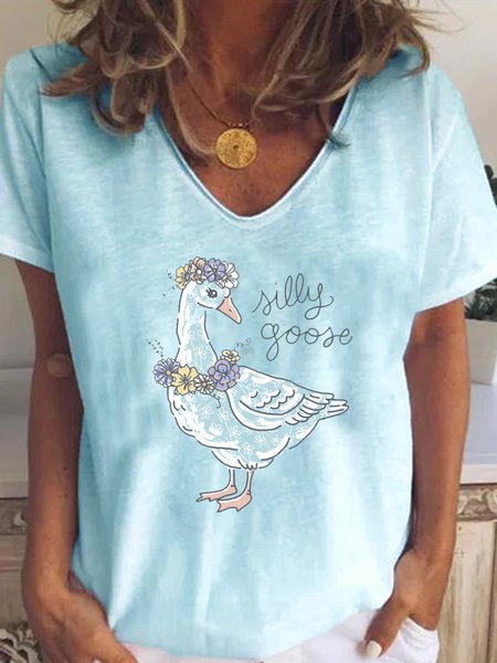 Animal Loose V Neck Casual T-Shirt, Blue, Tees & T-shirts