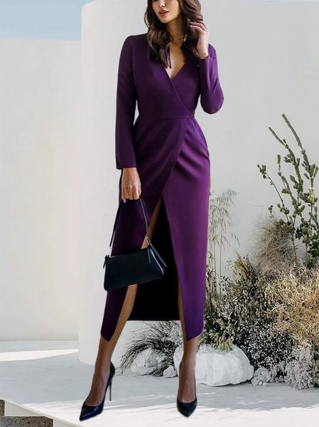 Elegant Plain Regular Fit V Neck Dress, Purple, Midi Dresses