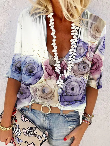 Cotton-Blend V Neck Casual Floral Shirt, White, Shirts & Blouses
Cotton-Blend V Neck Casual Floral Shirt, White, Shirts & Blouses